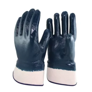 Heavy Duty Oil Abrasion Resistance Industrial Metal Safety Cuff Jersey Cotton Liner Blue Fully Dipped Nitrile Coated Work Gloves