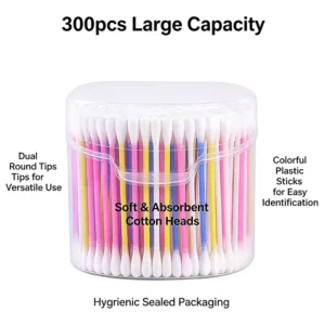 High Quality Absorbent 300pcs Mixed Color Double Round Head Cotton Swabs pp Stick Cotton Buds With Renovated Half Round Box