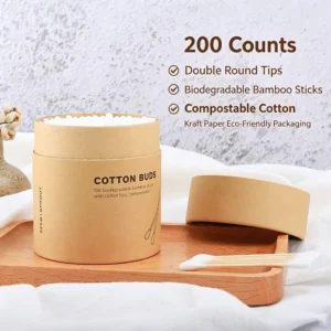 High Quality Eco Friendly Double Head 200Pcs Cotton Bud Bamboo Stick Cotton Swab with Kraft Paper Round Box
