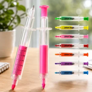 Highlighter and Ballpen Syringe Shape 2 in 1 PP Body Chisel Tip Custom Logo Marker for Nurse School Office Gift Supplies