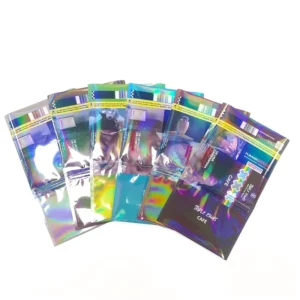 Holographic Rolling Tobacco Bag Glossy Finish Packs Design Smell Proof Pouch Food Grade Airtight Resealable Zipper Bag