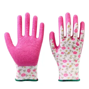 Lightweight Comfort Polyester Knit Pink Cute Latex Crinkle Coated Floral Gardening Grip Glove Flower Women Garden Work Gloves