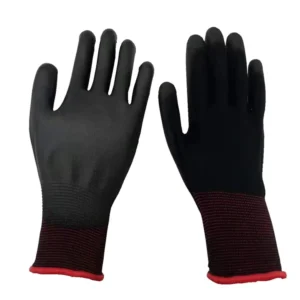 Lightweight Seamless Black Nylon Polyester Knit Shell Polyurethane PU Palm Coated Warehouse Inspection Handling Grip Work Gloves