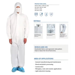 Manufacturer of Type 5 and 6 Medical Safety Protective 50 Gsm SMS Disposable Work Clothing PPE Kit Coverall with Elastic Cuff