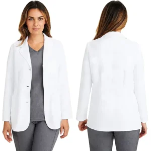 Moisture Wicking Stretch Fabric Button Front Consultation Coat Women’s Medical Work Uniform Doctor Lab Coat White with 4 Pockets