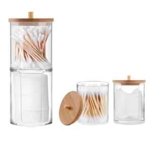 Multifunction Cosmetics Organizer Box Makeup Cotton Pads Swab Storage Box Holder with Bamboo Cover