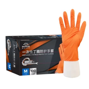 Orange Powder free Large Industrial Heavy Duty Diamond Grip Disposable Nitrile Rubber Gloves for Hand protection