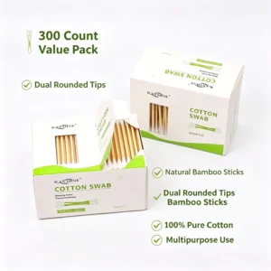Organic Baby 100% Cotton Safe Double Round Head Cotton Buds 300PCS Bamboo Stick Cotton Swab with White Paper Box