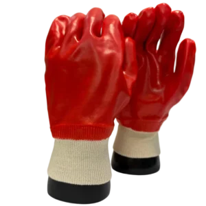 Polyester 26cm Long Red Gloss and PVC Coating Safety Gloves for Seafood Processing Industrial Cleaning Automotive Work