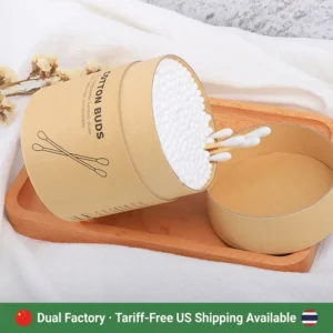 Private Label Thailand Factory 200Pcs Cotton Bud Bamboo Stick Cotton Swab with Kraft Paper Round Box