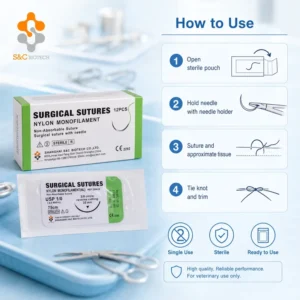 Professional Veterinary Surgical Sutures Nylon Monofilament Non-Absorbable Suture Thread with Needle for Pet Surgery