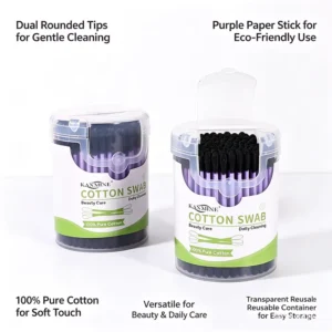 Qtips Q tips Ear Bud Sticks Cotton Bud 150Pcs Purple Paper Sticks Black Tip Cotton Swabs With Bullet Cover Box