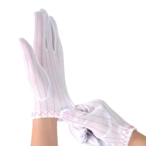 Reusable White Stripe Polyester Fabric Conductive Carbon Wire Lint Free Antistatic Cleanroom Gloves Electronic Safety Gloves