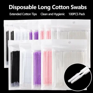 Ribbed PP Cotton Disposable Threaded Long Cotton Swabs for Eyelash Extensions & Microblading Beauty Tools