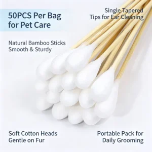 Single Head Pet Use 50pcs Cotton Bud Bamboo Stick Cotton Swab with pp Bag for Daily Use Cosmetics