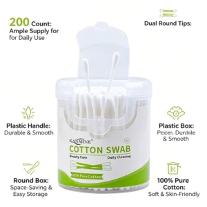 Skin Friendly Double Round 200Pcs Cotton Bud Plastic Stick Cotton Swab with Round Box for Baby Skin Care