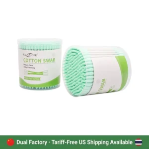 Thailand Factory 200pcs Cotton Swab Double Cusp Green Head Paper Stick Cotton Buds With Round Box