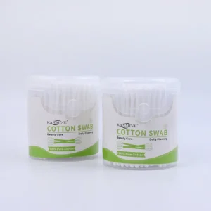 White 200 Pieces Soft & Safe Plastic Stick Cotton Swab with Round Box and Pop Up Lid for Easy Access and Storage