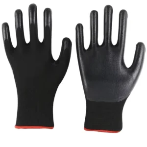 White Blue Nitrile Coated Safety Gloves Anti Slip Breathable Wear resistant Powder free Silicone free Smooth Texture 25 cm