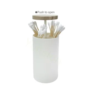 White HIPS Plastic Solid Wood Lid Push to Pop Toothpick Cotton Swab Storage Dispenser